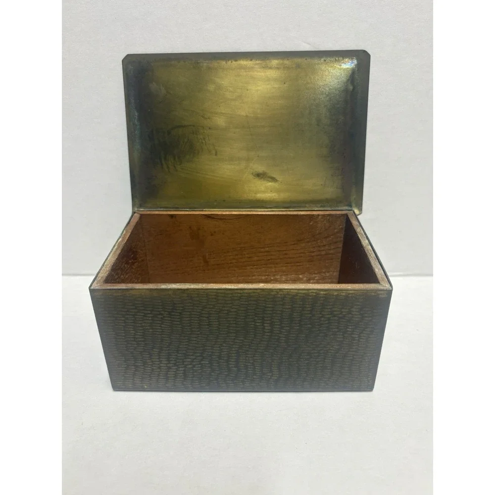 Box Hammered Brass Wood inside trinket small rectangular 5 x 2.5 x 3.5 vintage